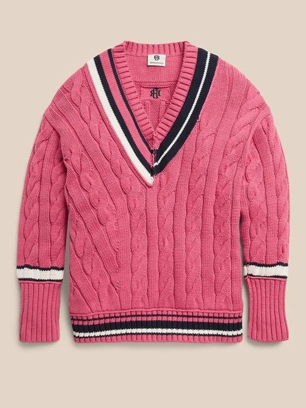 Banana Republic Pink Cable-Knit V-Neck Sweater with Navy & White Stripes